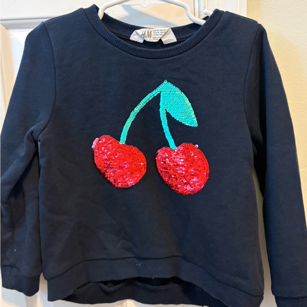 H&M Navy Sweatshirt with Sequin Red Cherry Motif, Size 3-4y Toddler